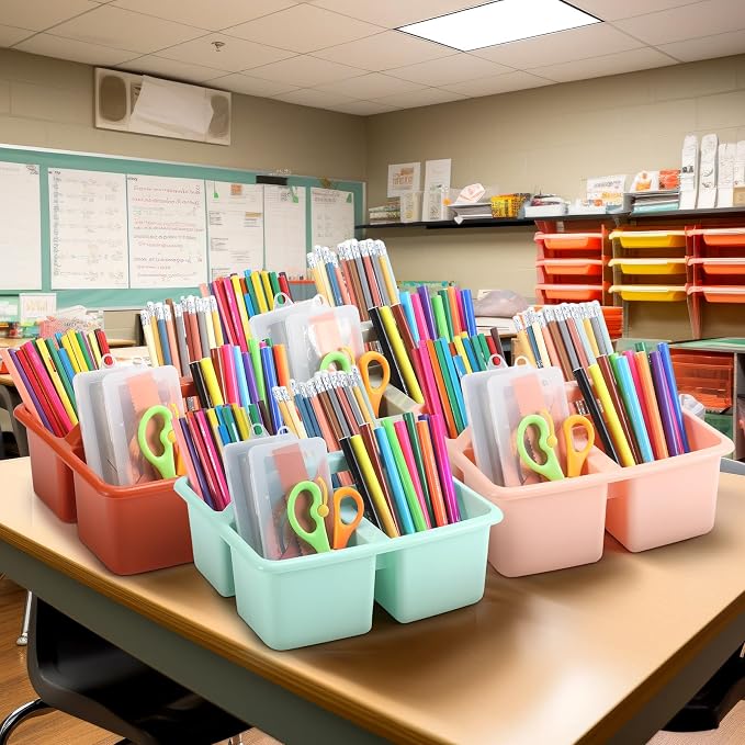 Lineshading 12 Pack Plastic Classroom Caddy - 4 Compartment Organizer Boho Color Table Caddy with Handles for School Home Office Supplies - Image 7