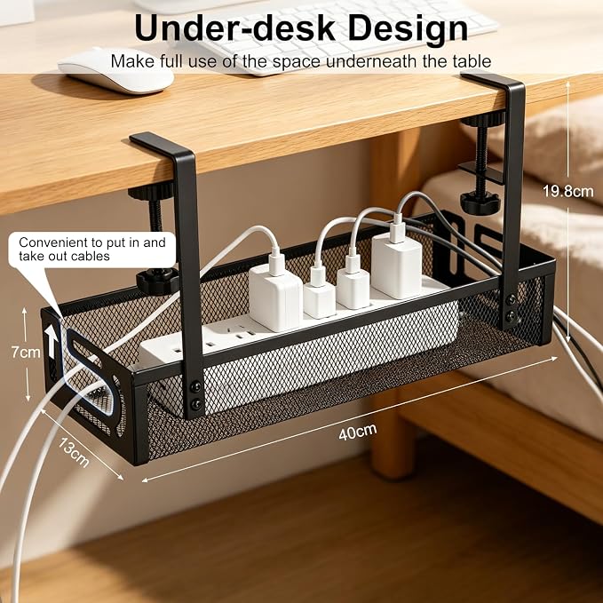AiQInu Cable Management Desk Under The, Clampable Cable Organiser Tray, Under-Sink Mounting Organiser Made of Carbon Steel, No Drilling, Cable Management for Office, Home - Image 2