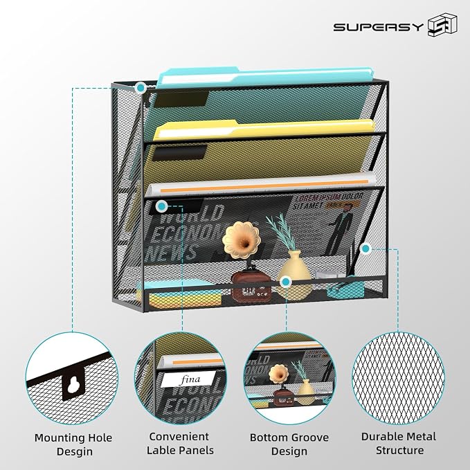 Wall File Organizer Mesh Office Mail Holder, Hanging Wall Organizer Magazine Rack for Office Black, 4 Tier - Image 4
