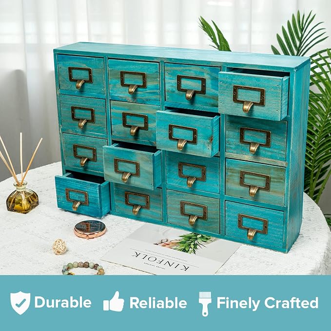 Teal 16-Slot Wooden Drawer Unit - Country Style Desk Organizer Box - 20"x3.6”x14” Wooden Storage Box w/ 16 Drawers - Countertop Drawers w/Label Holder & Handle - Slim 4-Level Desk Organizer - Image 7