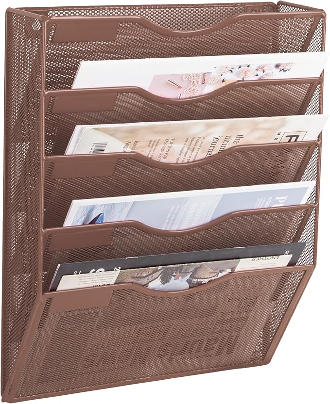 5 Pocket Mesh Hanging Wall File Organizer, Wall Mounted Mail Paper Document Folder Holder, Clipboard Storage Organization Magazine Rack with Nametag Label for Office Home School, Brown by EASEPRES
