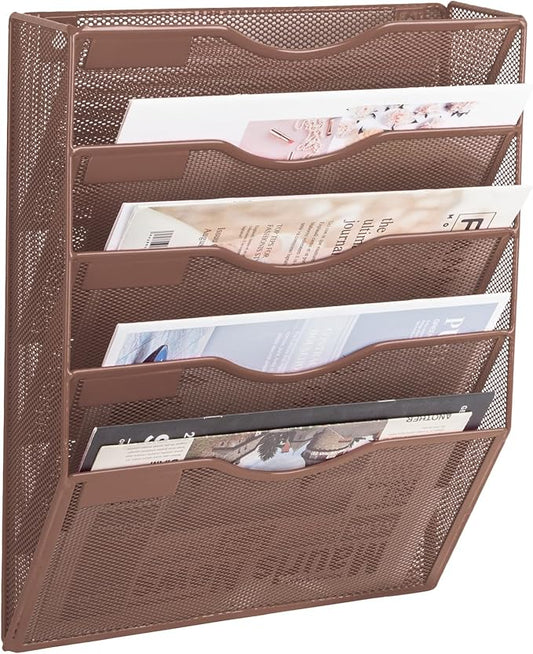 5 Pocket Mesh Hanging Wall File Organizer, Wall Mounted Mail Paper Document Folder Holder, Clipboard Storage Organization Magazine Rack with Nametag Label for Office Home School, Brown by EASEPRES