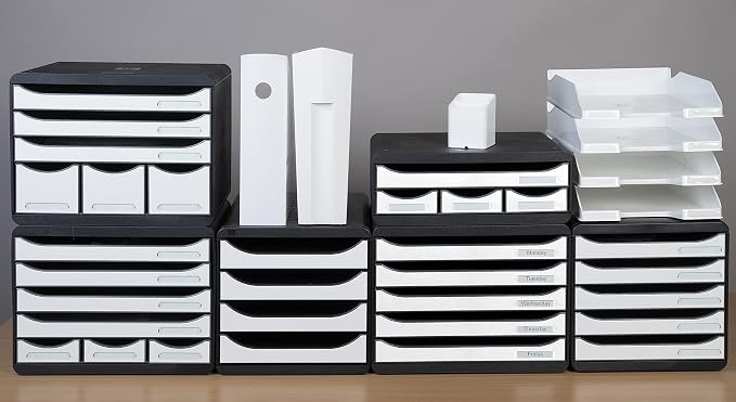 Exacompta - Ref 3097213D - BIG-BOX PLUS Desktop Drawer Set - 5 x 43mm Drawers, Suitable for A4+ Documents, 347 x 278 x 271mm, 100% Recycled Plastic - Black/Glossy White - Image 6