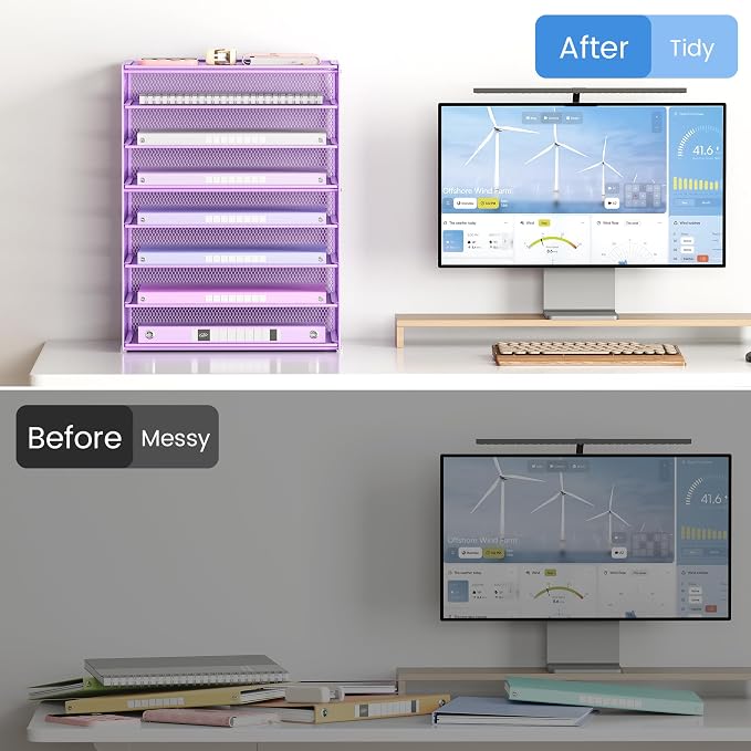 Lavatino 2 Pack 8-Tier Office Desk File Organizer, Letter Tray Paper Organizer with Handle, Including 5 Adjustable Slide Trays for Organizing Desk Workspace Accessories and Supplies (Purple Mesh) - Image 6