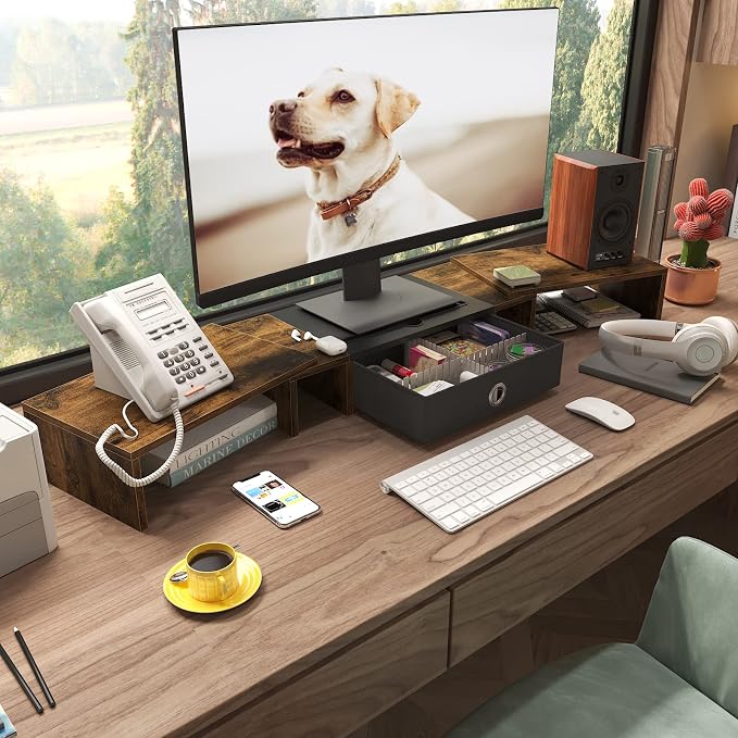 WESTREE Triple Dual Monitor Stand Riser with Drawer,Extra Large Adjustable for 2~3 Monitors,Solt for Phone & Tablet, Desktop Organizer Stand for Computer,Laptop,Printer,TV - Image 6