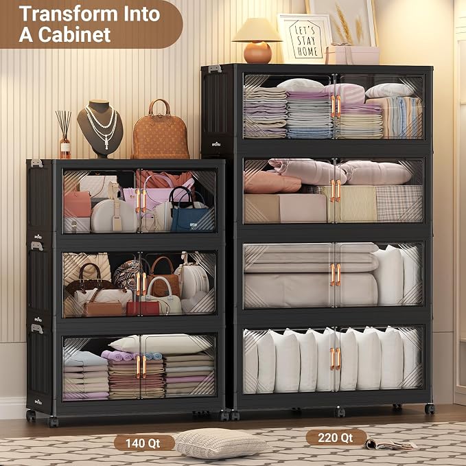 BROVIEW V60 880QT Plastic Stackable Storage Bins with Lid, 4Pack Black | 220Gal Extra Large Closet Organizers Collapsible Cabinets Boxes With Drawer, Foldable Container with 6x Wheels for Home - Image 7