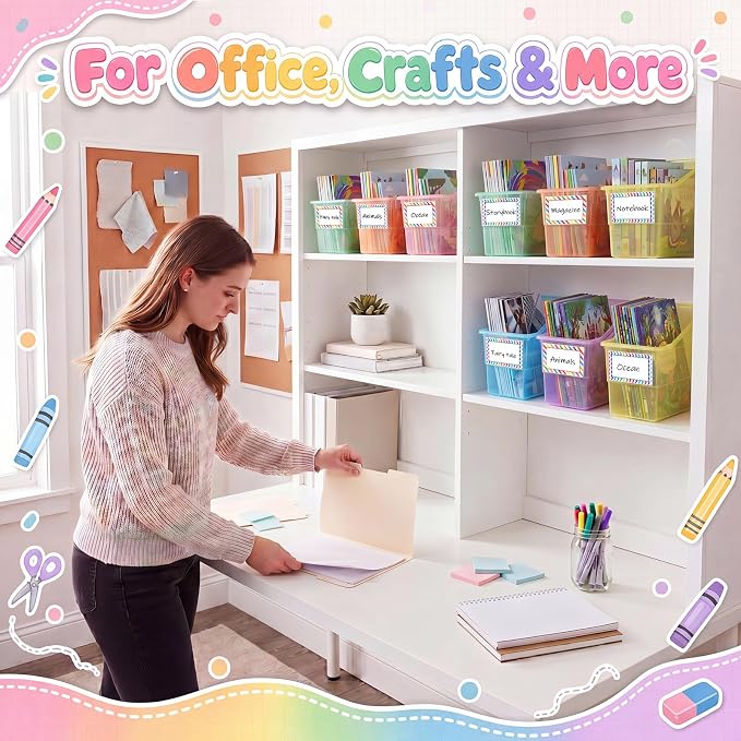 Blosssound 6 Set Book Bins for Classroom with Label Sticker Book Box Baskets Plastic Stackable Organizing Bins Storage & Organization for Classroom Library Home School Supplies (Translucent Pastel) - Image 6