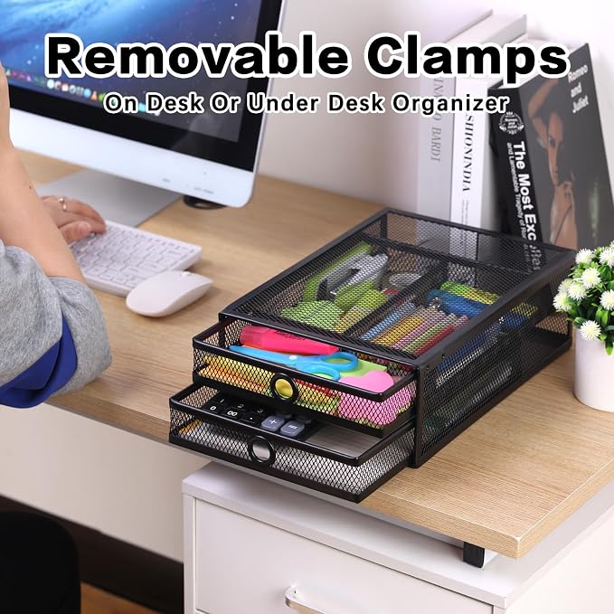 ROSYLINE Under Desk & Desktop Drawer Organizer, 2-Tier Big Capacity | Steel Construction, Clip-On No Drill Installation, Fits A4 Paper, for Office & Household Supplies - Image 3
