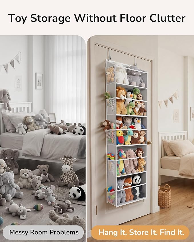 ULG Stuffed Animal Organizer Over the Door, Large Hanging Plush Toy Storage with Mesh Window, Cotton Kids Toy Organizer for Bedroom, Nursery, Playroom & Baby Items Clear Grey - Image 2