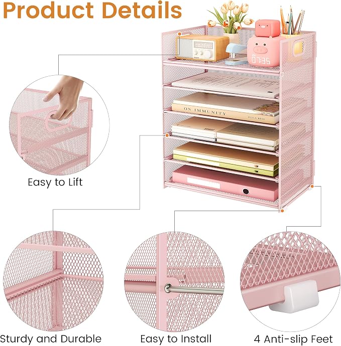 Subekyu 6 Tier Office File Paper Desk Tray Organizer with Handle, Stackable Slide Mesh Letter Tray Folder Pink Desk Organizer, Desktop Document Sorter for Classroom, Office, Home Supplies Storage - Image 5