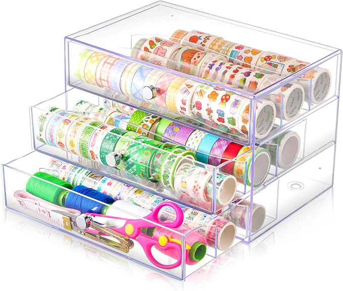 Wonderjune 1 Pack 3 Drawer Washi Tape Organizer Plastic Washi Tape Storage Cube Organizer Box 10 x 7 x 6.8 Large Capacity Clear Storage Drawer Holder for Art Craft Embellishments Jewelry Makeup by Wonderjune