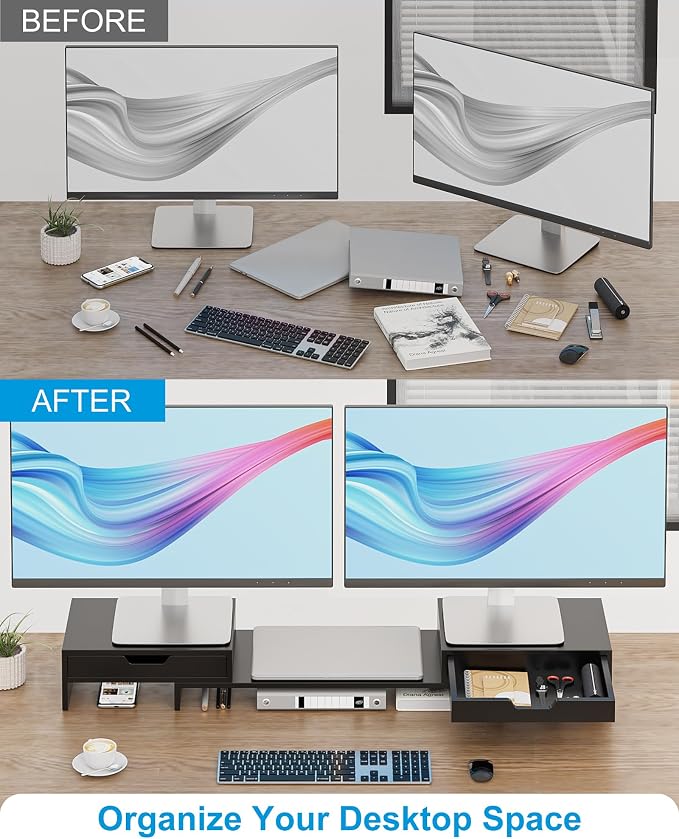 Epesoware Dual Monitor Riser with Two Drawer for Desk, No Assembly Required | Premium Bamboo Dual Monitor Stand with Storage, Desk Monitor Shelf for Computer, IMac & Laptop, Desk Organizer, Black - Image 5