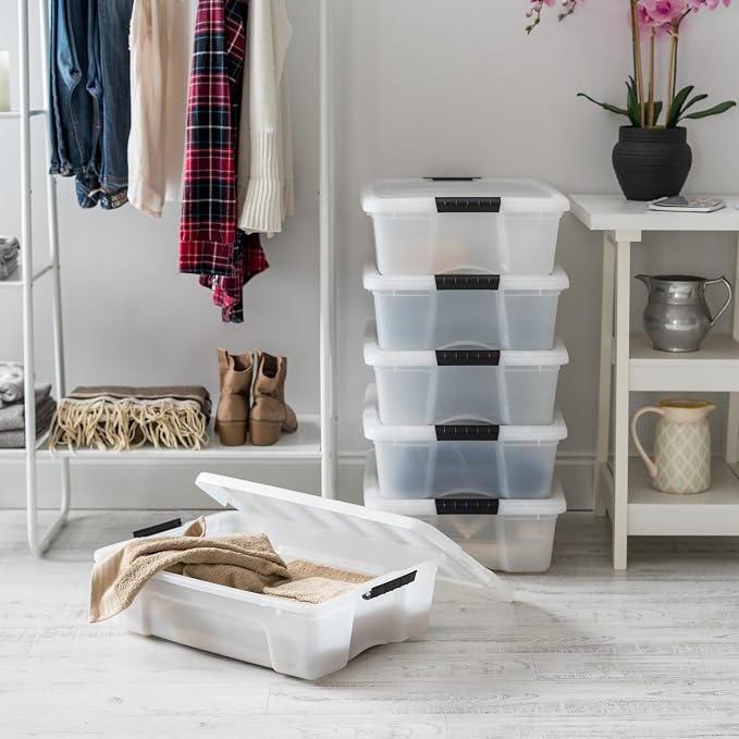 IRIS USA 6-Pack 27 Quart Storage Bins with Lids, Pearl | Conceals contents for a clean look. Great for linens, décor, closet storage, and supplies. Nestable design saves space - Image 5