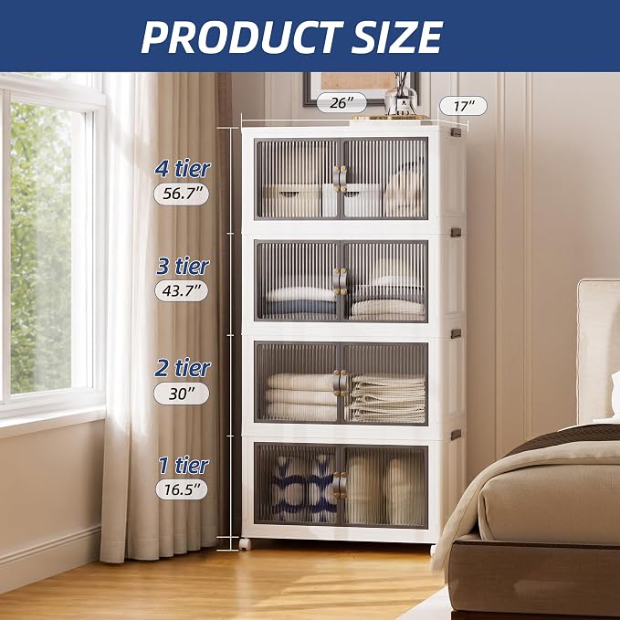 SAILUN 464Qt Stackable Storage Bins,Storage Cabinet with a Lid,4 Pack White | Stackable Storage Drawers with Lids,26" W x 17" D x 56.7" H,Featuring open-front Access for Clothes and Closet Storage - Image 6