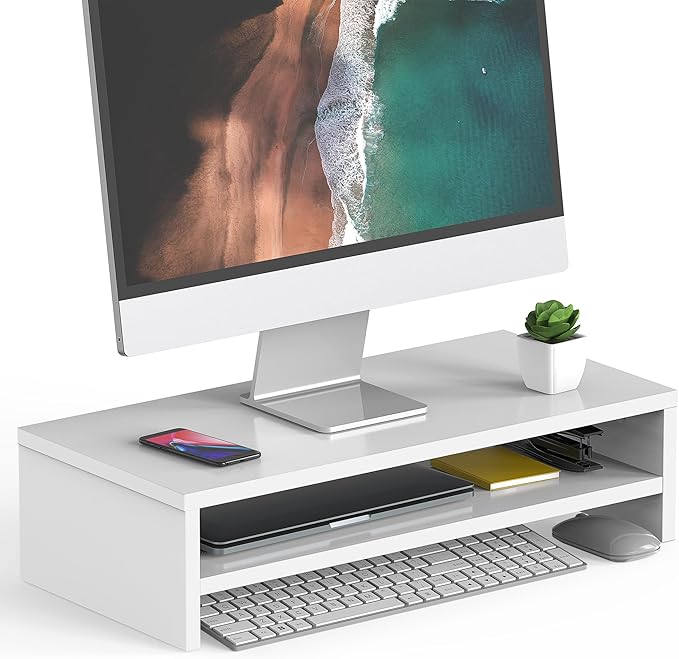 FITUEYES Wooden Monitor Stand Riser, 2-Tier Desk Storage Shelf, White | 21.3-Inch Desktop Organizer Fits Laptop, Computer Screen and Office Supplies by FITUEYES