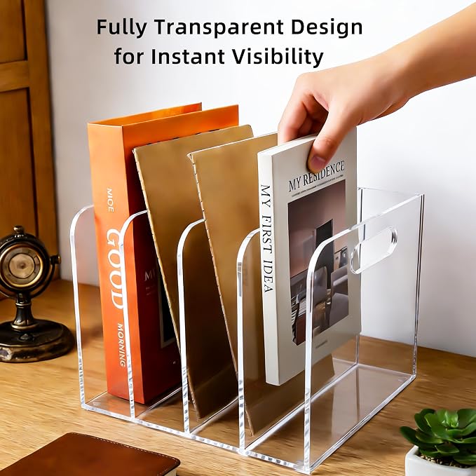 5mm Acrylic Magazine File Holder, 4 Compartment Desk Organizer | 4 spacious vertical compartments hold magazines, files, books & more. 5mm thick clear acrylic, non-slip base. No assembly. - Image 7