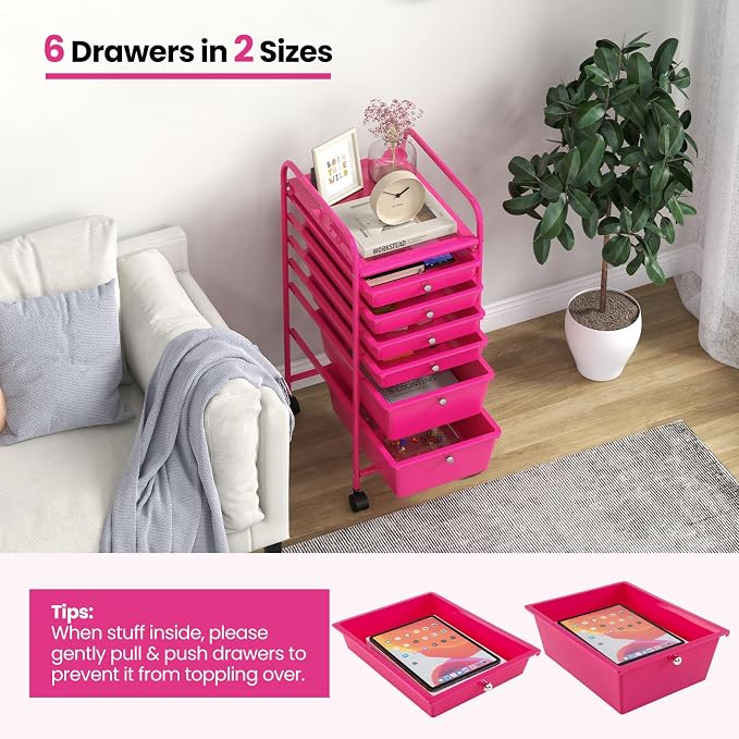 COSTWAY 6-Drawer Rolling Storage Cart, Art Craft Tools Organizer on Wheels | Multifunctional Heavy Duty Utility Mobile Storage Trolley w/ 2 Lockable Wheels for Home Office School (Hot Pink) - Image 6
