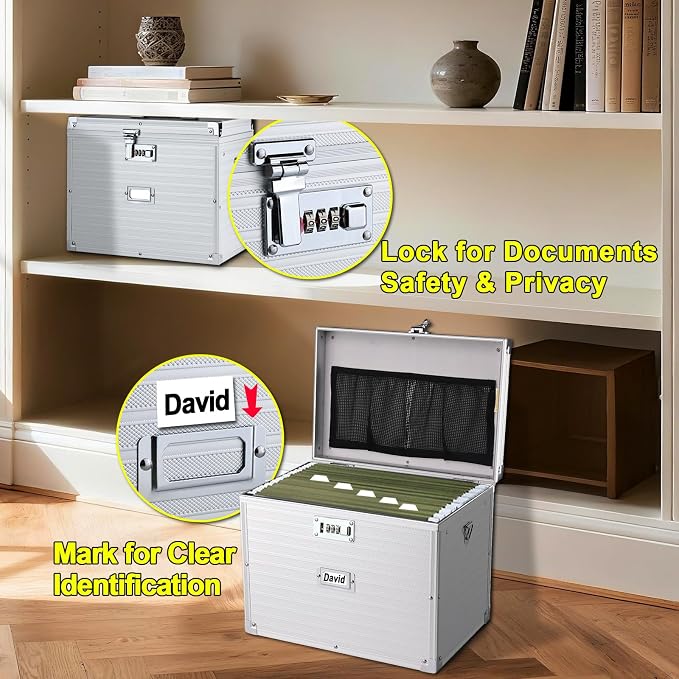 Hanging File Box for Letter, All-in-one set with 20 Folders | Portable Locking Filing Storage Box with Handle & Shoulder strap, Lockable File Cabinet Documents Safe, Lockbox Doc Organizer - Image 4