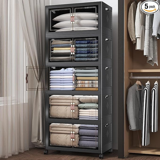 Stackable Storage Bins with Lids, 600QT Closet Organizers and Storage Cabinet with Doors & Wheels, Lockable Plastic Foldable Drawers for Bedroom Dorm Office Garage（120QT*5,Black） by UAMFURIDirect