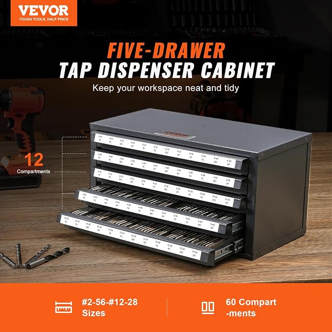 VEVOR Five-Drawer 2-56-#12-28 Steel Dispenser Organizer Labels, 60-Compartment Stackable Cabinet for Tap Storage, Gray with Orange Texture - Image 4