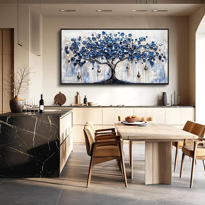 XIGUANGART Tree of Life Large Wall Art Watercolor Blue Farmhouse Framed Artwork Tree & bell Canvas Prints Pictures Modern Abstract Paintings Wall Decor for Living Room Bedroom Home Office Decoration