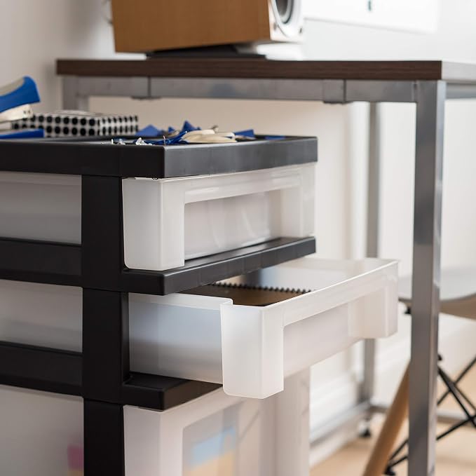 IRIS USA 4-Drawer Rolling Storage Cart with Organizer Top, Black/Pearl | Keep craft supplies, office essentials, classroom items, and accessories organized with easy-access drawers for daily use - Image 8
