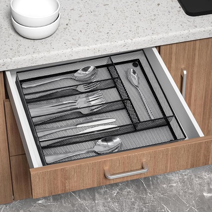 Neudeco Silverware Drawer Organizer, Black | 5 Compartment, Mesh Wire, Non-Slip Feet, Cutlery Tray - Image 5