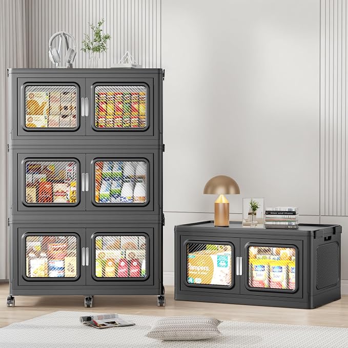 BROVIEW 880 Qt/220 Gal Stackable Storage Bins with Lids, 4 Pack, Black | Large Stackable Storage Boxes w/ 4 Lid Folding Plastic Cart Organizer for Home Kitchen, Open Front Clear Door with Wheels by BROVIEW-EnjoytheArtofLife