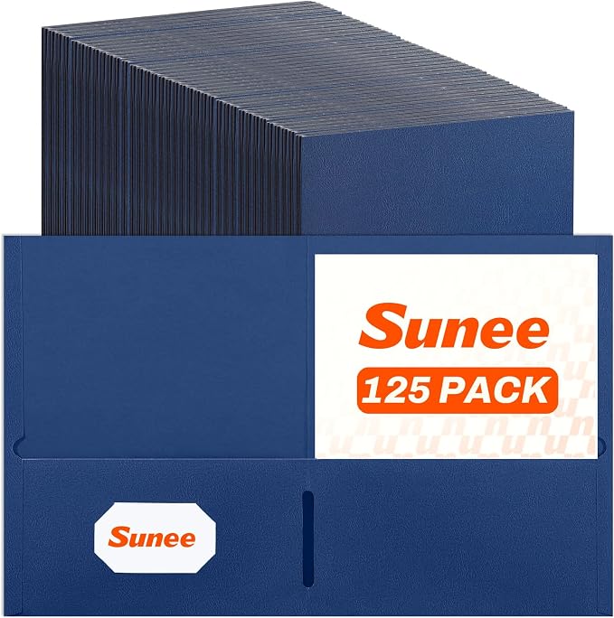 SUNEE Folders with Pockets(125 Pack, Navy Blue), 2 Pocket Folders Fit Letter Size Paper, Paper File Folder for School Office Home Business by SUNEE