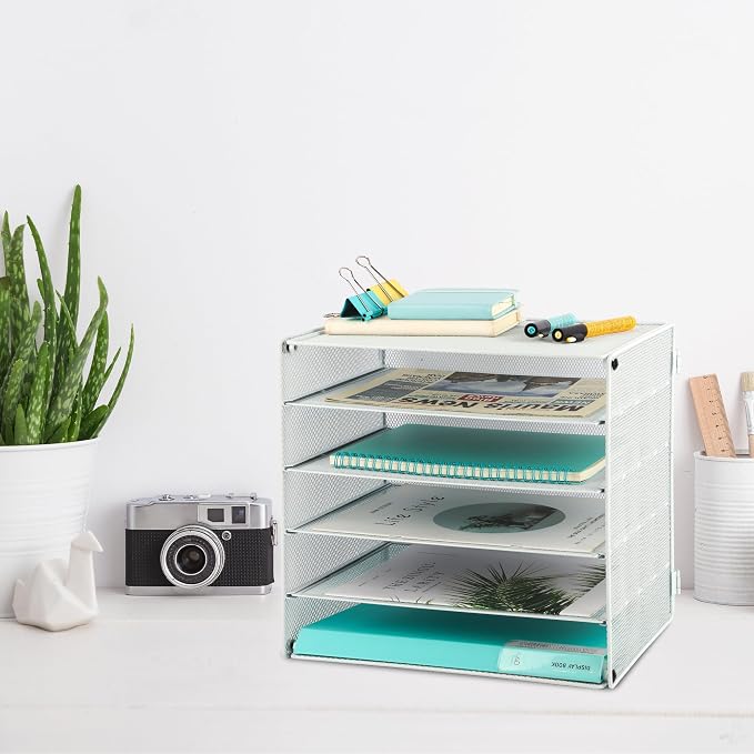 5 Slot Mesh Desk Organizer Tray, File Paper Letter Folder Holder Desktop Paper Sorter Mail Organization Rack Storage Accessories, for Office Home School Classroom, White - Image 5