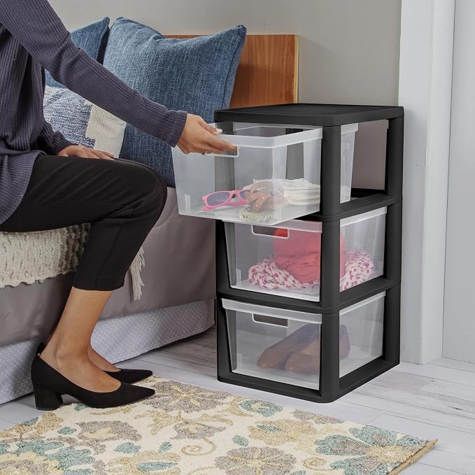 Plastic Drawer Wide Tower Plastic Storage Cart with Clear Pull Out Drawers, Black (Black, 3 Drawer Wide Tower) - Image 4