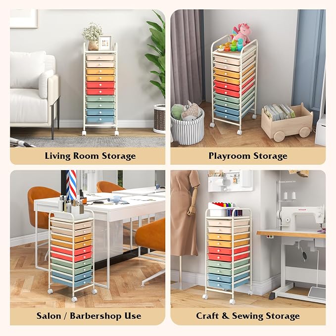 Giantex 10-Drawer Rolling Storage Cart w/Wheels, Handle, Removable Drawers, Mobile Organizer Storage Unit, Trolley Utility Cart for Home Kitchen Makeup Living Room Office Play Room - Image 8