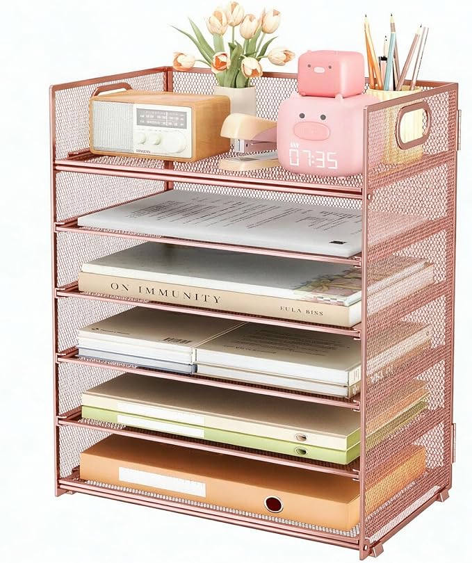 6 Trays Paper Organizer with Handle - Mesh Desk File/Letter Paper Sorter Organizer for Office, Home or School (Rose Gold) by SUBEKYU