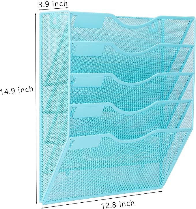 5 Pocket Mesh Hanging Wall File Organizer, Wall Mounted Mail Paper Document Folder Holder, Clipboard Storage Organization Magazine Rack with Nametag Label for Office Home School, Blue - Image 4