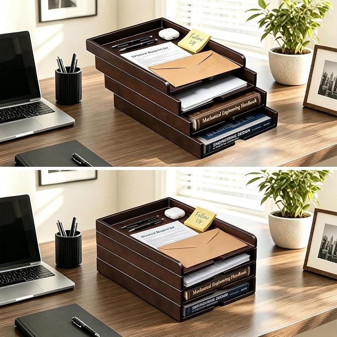Solid Wood Stackable Letter Tray, 4-Tier Desk File Organizer for A4 Paper | letter tray for files, mail, bills & documents. walnut finish desktop organizer for home office workspace declutter. - Image 9