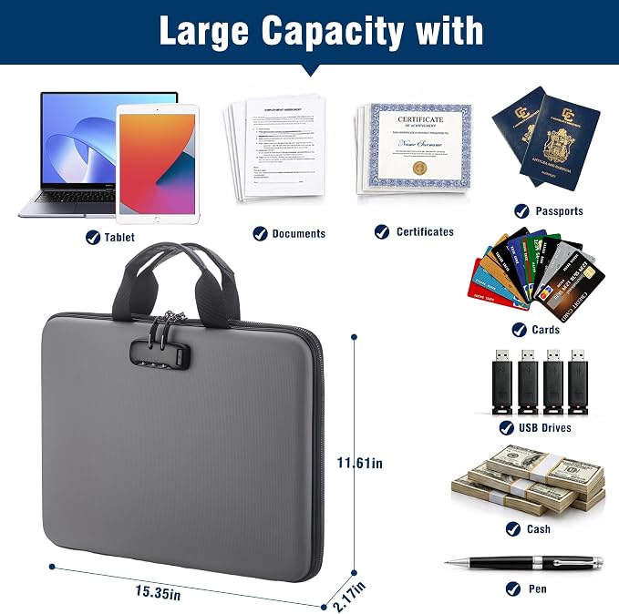 Fireproof Document Box with Lock, Hard-Shell Case Fireproof File Organizer with 13 Pocket Accordion File Folder, Portable Home Office Travel Safe Storage for Important Documents Laptop - Image 6
