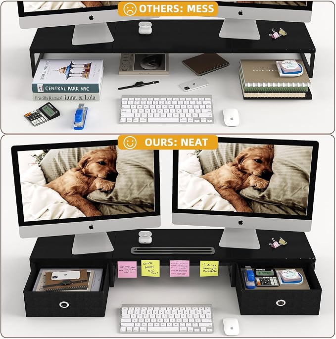 39 Inch Dual Monitor Stand Riser with 2 Drawers - Large Black Wooden Computer Stand for 2 Monitors, Ergonomic Desk Organizer with Phone Holder, Desktop Storage for Laptop, Office Supplies, Home Office - Image 3