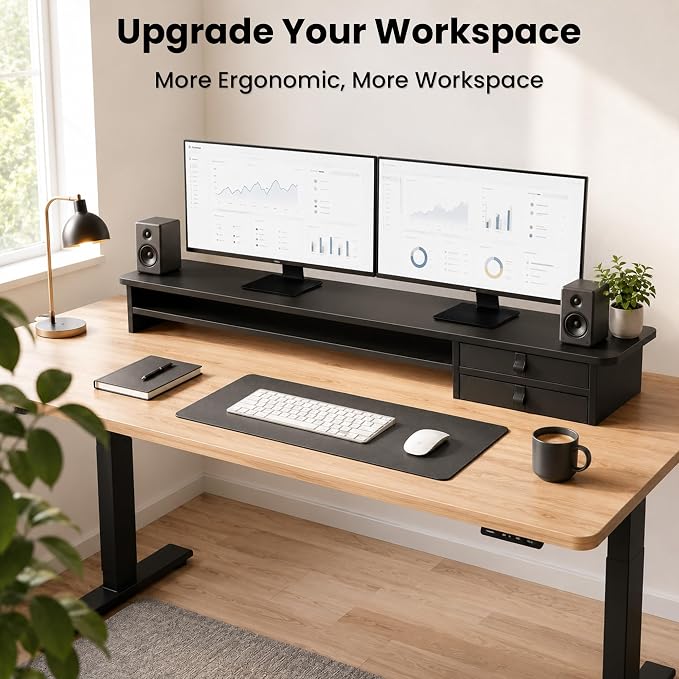 Dual Monitor Stand, 42.5 Inch Wood Monitor Riser with Drawers, 2 Tier Desktop Organizer for Computer Laptop TV, Large Screen Stand for Home Office Desk - Image 8