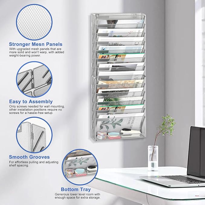 EasyPAG Wall File Holder 14 Tier Mesh Hanging Folder Organizer with Flat Tray Wall Mounted Mail Organizer Magazine Paper Desk Shelf with Nametag Label for Office Home School, Silver - Image 2