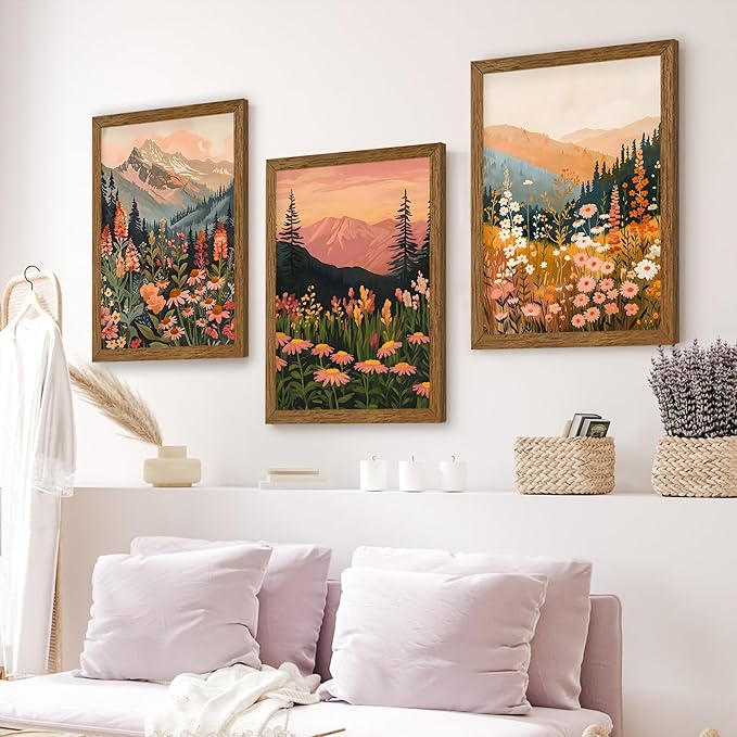 InspiredHues Large Colorful Landscape Boho Canvas Wall Art Set, 3 Piece Wildflower Mountain Wall Decor, Vintage Floral Rustic Nature Artwork Prints for Living Room Bedroom Office 20x30 In Wood Framed