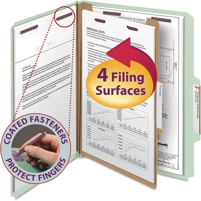 Smead Pressboard Classification File Folder with SafeSHIELD Fasteners, 1 Divider, 2" Expansion, Letter Size, Gray/Green, 10 per Box (13776) by SMEAD