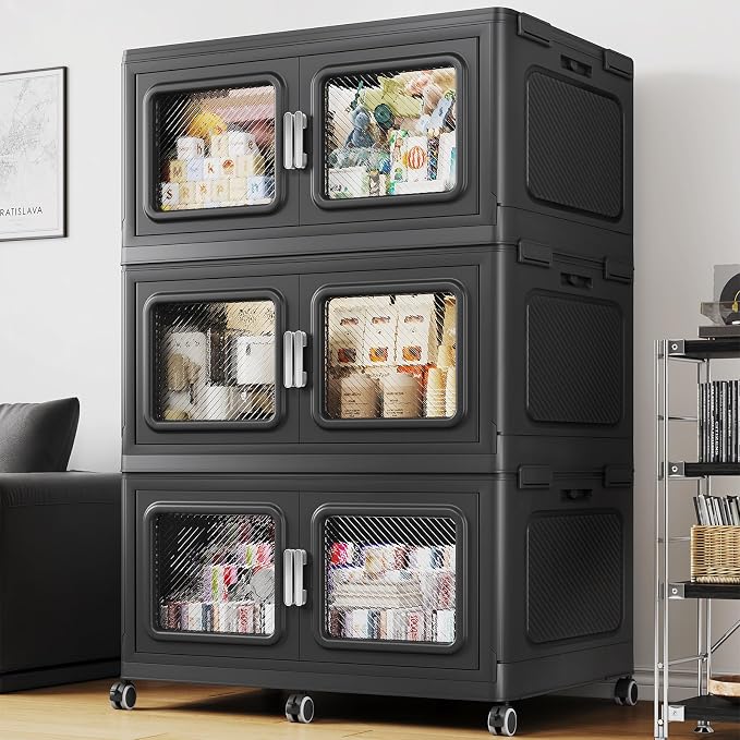 BROVIEW 165Gal Extra Large Storage Bins with Lid and Wheels, Black, 3 Pack | 3 lid Plastic Cabinets Stackable Collapsible Foldable Storage Box Total 660 Quart Organizer Drawers For Home Office Garage by BROVIEW-EnjoytheArtofLife