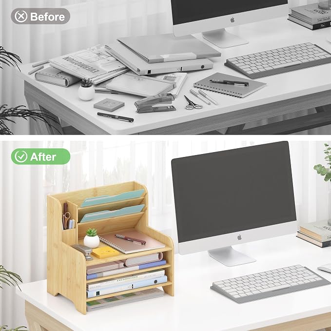 Bamboo File Organizer for Desk, Desktop Paper Tray and Mail Holder | Three open tiers keep A4/letter paper, folders, bills and mail sorted, visible and easy to reach while saving desk space - Image 6