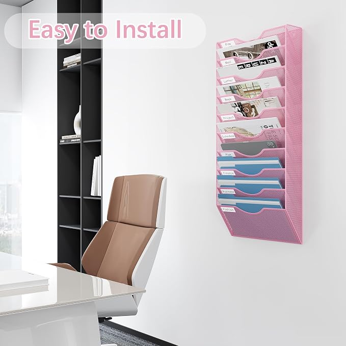 EasyPAG 10 Pocket Mesh Wall File Organizer, Hanging Paper Folder Holder with Classify Label, Vertical Wall Mount Mail Organizer for Office Home Classroom, Pink - Image 4