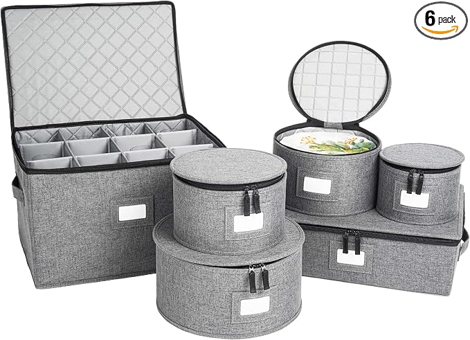 6-Piece China Storage Set | Plates, Mugs & Wine Glasses | Gray | Most Complete Set - Plates, Mugs & Wine Glasses For 12. Hard Shell, Felt-Lined, Stackable. Full China System In One. by storageLAB