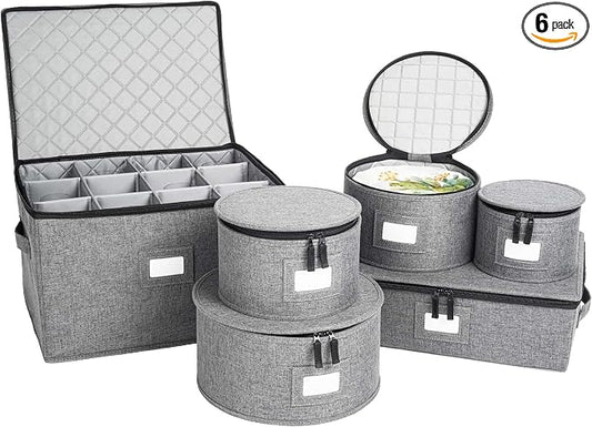 6-Piece China Storage Set | Plates, Mugs & Wine Glasses | Gray | Most Complete Set - Plates, Mugs & Wine Glasses For 12. Hard Shell, Felt-Lined, Stackable. Full China System In One. by storageLAB