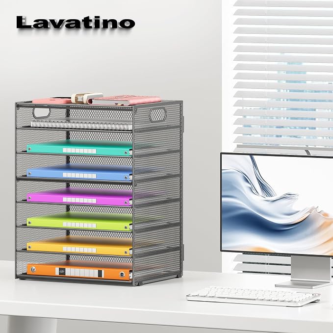 Lavatino 8-Tier Office Desk File Organizer, Letter Tray Paper Organizer with Handle, Including 5 Adjustable Slide Trays for Organizing Desktop Workspace Accessories and Supplies (Grey Metal Mesh) - Image 3