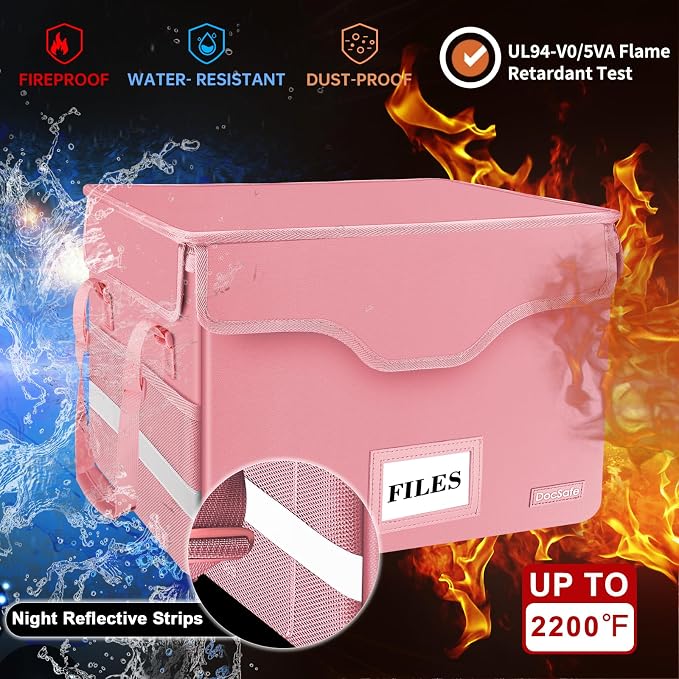 DocSafe Fireproof Document Box with Lock,File Storage Organizer with Zipper Pockets,Collapsible Portable File Box Home Office Safe Filing Cabinet with Handle for Hanging Letter/Legal Folder,Pink - Image 3