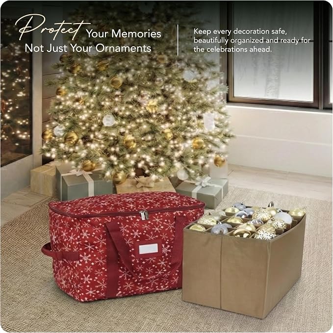 Covermates Keepsakes Adjustable Ornament Storage Bag – Heavy-Duty Polyester, Padded Dividers & FlexGrid Trays – Protective Holiday Ornament Organizer with Handles & Label Window, Red Snowflake - Image 2