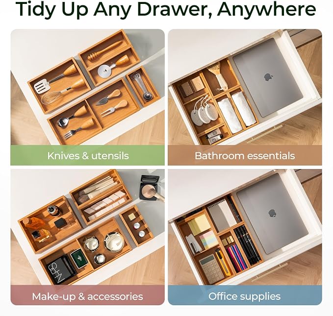 keechee 5-Piece Bamboo Drawer Organizer Set, 2.2" Deep Multi-Use Organizers for Utensils, Silverware, Cutlery, Desk, Bathroom, Junk Drawer & Makeup, Non-Slip Feet Included. - Image 8